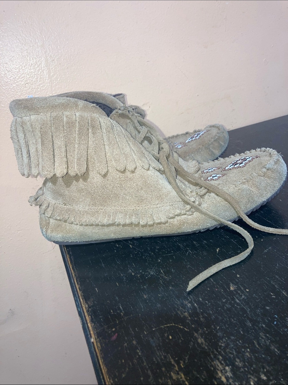 Fringed Suede Moccasin Booties in Light Taupe